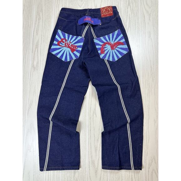 Y2k EVISU Heritage Front Butt Pockets Japanese Denim Pants Jeans W34 Jnco - Picture 1 of 8